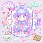  1girl :3 animal blue_dress blue_eyes blue_flower blue_hair blush_stickers bubble bug butterfly chibi closed_mouth cup dango dress fish floral_print flower food fruit gradient_hair hair_flower hair_ornament ie_(nyj1815) insect long_sleeves multicolored_hair original pinching_sleeves print_dress purple_flower purple_hair sleeves_past_wrists solo standing tassel teacup teapot violet_eyes wagashi wide_sleeves 