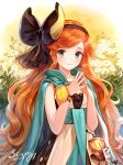  1girl blue_eyes bow cape dated dress fingers_together flower granblue_fantasy hair_bow long_hair orange_hair sara_(granblue_fantasy) sash signature siro smile strapless strapless_dress 