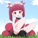  1girl :d bangs bare_arms bare_shoulders black_footwear blue_sky blunt_bangs bonnet clouds commentary_request day eyebrows_visible_through_hair full_body grass highres kemurikusa leg_hug long_hair looking_at_viewer open_mouth outdoors pink_eyes pink_hair rina_(kemurikusa) sat-c sitting sky sleeveless smile solo twintails v-shaped_eyebrows 