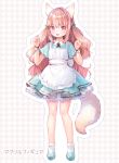  1girl :d animal_ears apron aqua_dress bow brown_hair commentary_request dress fang fox_ears fox_tail frilled_dress frills full_body hair_bow highres light_brown_hair long_hair mutou_mato open_mouth original pink_eyes short_sleeves simple_background smile tail two-tone_background very_long_hair 