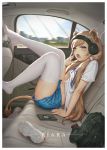  1girl :o animal_ears backpack bag blue_eyes blue_shorts brown_hair car car_interior cellphone commentary_request day denim denim_shorts feet ground_vehicle headphones highres legs_up low_twintails maou_renjishi monkey_ears monkey_tail motor_vehicle navel open_mouth original phone seatbelt shirt shoes_removed short_shorts shorts sleepy smartphone solo sony stomach tail teeth thigh-highs twintails upper_teeth vehicle_interior white_legwear white_shirt yawning 
