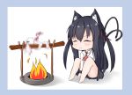  1girl animal_ear_fluff animal_ears ascot barefoot between_legs black_hair black_skirt blue_background blush burning campfire cat_ears cat_girl cat_tail censored chibi chisuzu_mei closed_eyes closed_mouth collared_shirt commentary_request fang fang_out fire hair_ribbon hand_between_legs long_hair long_sleeves mosaic_censoring multiple_tails nagato-chan paryi_project pleated_skirt red_neckwear red_ribbon ribbon shadow shirt sitting skirt solo tail tail_raised two-tone_background two_side_up two_tails very_long_hair virtual_youtuber white_background white_shirt 