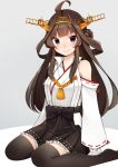  1girl ahoge black_legwear black_skirt brown_eyes brown_hair commentary_request detached_sleeves double_bun frilled_skirt frills grey_background hairband headgear highres kantai_collection katsuobushi_(eba_games) kongou_(kantai_collection) long_hair looking_at_viewer remodel_(kantai_collection) ribbon-trimmed_sleeves ribbon_trim simple_background sitting skirt sleeves_past_wrists smile solo thigh-highs wariza 