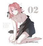  1boy artist_name astolfo_(fate) bishounen black_bow black_ribbon black_shirt blush bow braid copyright_name fang fate/apocrypha fate_(series) from_side hair_intakes hair_ribbon leopardtiger long_braid long_hair looking_at_viewer male_focus multicolored_hair no_pants numbered open_clothes open_shirt pink_hair ribbon seiza shirt shirt_slip simple_background single_braid sitting solo streaked_hair violet_eyes white_background 