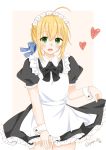  1girl absurdres ahoge apron artoria_pendragon_(all) black_neckwear black_shirt black_skirt blonde_hair blue_ribbon blush collared_shirt cowboy_shot eyebrows_visible_through_hair fate/stay_night fate_(series) frilled_skirt frilled_sleeves frills grape_90 green_eyes hair_between_eyes hair_ribbon heart highres looking_at_viewer maid_headdress miniskirt open_mouth ribbon saber shiny shiny_hair shirt short_hair short_sleeves skirt skirt_hold solo standing thigh_gap twitter_username white_apron wing_collar wrist_cuffs 