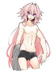  1boy :o astolfo_(fate) boxers commentary_request fate/apocrypha fate_(series) hair_down hair_intakes haoro long_hair looking_at_viewer male_focus multicolored_hair no_pants open_mouth pink_hair shirtless simple_background sketch solo streaked_hair toned toned_male underwear very_long_hair violet_eyes white_background 