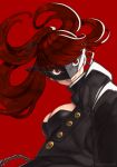  1girl black_coat breasts chains cleavage fumafu hair_ribbon highres long_hair looking_at_viewer mask medium_breasts open_clothes outstretched_arm persona persona_5 persona_5_the_royal ponytail red_background red_eyes redhead ribbon self_shot simple_background smile solo upper_body yoshizawa_kasumi 