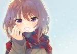  1girl brown_hair commentary_request fingernails grin highres jacket long_fingernails looking_at_viewer medium_hair nail_polish original scarf simple_background smile solo sweater tamaki_fuyu upper_body violet_eyes 