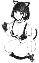  absurdres animal_ears armband bangs blunt_bangs bob_cut breasts cat_ears cat_tail choker fake_animal_ears fake_tail fang fangs gagaimo gloves highres large_breasts maid maid_bikini mole mole_under_eye monochrome original panties socks squatting swimsuit tail thighs traditional_media underwear 