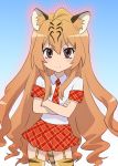  1girl animal_ear_fluff animal_ears animal_print bangs brown_hair commentary_request contrapposto cosplay cowboy_shot crossed_arms eyebrows_visible_through_hair frown fujimura_taiga garter_belt gradient gradient_background hair_between_eyes highres kemono_friends light_brown_hair long_hair looking_at_viewer necktie plaid plaid_neckwear plaid_skirt pleated_skirt print_legwear shirt short_sleeves simple_background skirt solo thigh-highs tiger_(kemono_friends) tiger_(kemono_friends)_(cosplay) tiger_ears tiger_print toradora! ueyama_michirou v-shaped_eyebrows very_long_hair white_shirt 