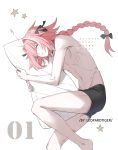  1boy artist_name astolfo_(fate) bishounen black_bow black_ribbon bow boxers braid copyright_name fate/apocrypha fate_(series) hair_intakes hair_ribbon leopardtiger long_braid long_hair lying male_focus multicolored_hair no_pants numbered on_side pillow pillow_hug pink_hair ribbon shirtless simple_background single_braid sleeping solo star streaked_hair underwear white_background 