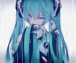  1girl aqua_eyes aqua_hair bare_shoulders blurry commentary depth_of_field detached_sleeves dripping facial_tattoo hair_behind_ear hair_ornament half-closed_eyes hand_to_own_mouth hatsune_miku head_tilt highres looking_to_the_side necktie rain shirt sleeveless sleeveless_shirt sleeves solo tattoo tsurime twintails vocaloid wanaxtuco wet 
