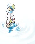  1girl blue_hair creatures_(company) cropped_jacket crystal_(pokemon) donnpati game_freak hat highres jacket long_hair long_sleeves nintendo open_clothes open_jacket pokemon pokemon_(game) pokemon_gsc red_shirt ripples shirt shorts solo twintails wading white_jacket yellow_headwear yellow_shorts 