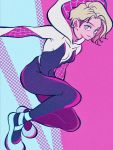  1girl aqua_background aqua_eyes ballet_slippers blonde_hair bodysuit breasts covered_navel full_body gwen_stacy halftone halftone_background highres looking_at_viewer medium_breasts pink_background short_hair skin_tight smile solo spider-gwen spider-man:_into_the_spider-verse spider-man_(series) spider_web_print two-tone_background uzuta 