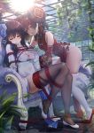  2girls artist_name bare_shoulders black_legwear black_panties blush bow breasts brown_hair chair china_dress chinese_clothes cleavage closed_mouth covered_navel dress eyebrows_visible_through_hair eyeshadow flower frilled_sleeves frills garter_straps girls_frontline hair_flower hair_ornament hair_ribbon hand_on_breast haneru high_collar lace lace-trimmed_legwear large_breasts long_hair makeup mole mole_under_eye multiple_girls open_mouth panties pelvic_curtain qbz-95_(girls_frontline) qbz-97_(girls_frontline) ribbon rope shibari shoes side-tie_panties side_slit sitting skindentation small_breasts standing sunlight thigh-highs thighs tied_hair torn_clothes torn_dress underwear white_legwear wide_sleeves yellow_eyes 