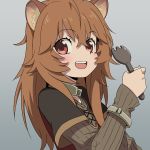  1girl :d animal_ears blush brown_hair dress eyebrows_visible_through_hair face fork grey_background hair_between_eyes highres long_sleeves looking_at_viewer open_mouth raccoon_ears raccoon_girl raphtalia ribbed_sweater short_sleeves simple_background smile solo sweater tate_no_yuusha_no_nariagari upper_teeth violet_eyes yazwo 