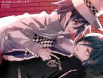  2boys artist_name black_hair black_jacket cape commentary_request dangan_ronpa eyebrows_visible_through_hair hair_between_eyes hat jacket looking_at_another lying lying_on_person male_focus medium_hair multiple_boys new_dangan_ronpa_v3 ouma_kokichi plaid plaid_scarf saihara_shuuichi scarf short_hair translation_request violet_eyes white_cape white_headwear white_jacket yaoi yellow_eyes z-epto_(chat-noir86) 