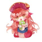  1girl :d blush cakes_n_forks chibi commission eyebrows_visible_through_hair hair_ornament hairclip happy hat heart heart-shaped_pupils holding jacket lamia long_hair miia_(monster_musume) monster_girl monster_musume_no_iru_nichijou object_hug open_mouth pointy_ears redhead scales simple_background skirt smile snake solo stuffed_animal stuffed_snake stuffed_toy symbol-shaped_pupils tail very_long_hair white_background yellow_eyes 