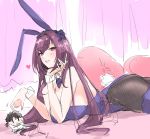  1girl =) animal_ears bed bow bowtie breasts bunny_girl bunny_tail bunnysuit chaldea_uniform character_doll detached_collar fake_animal_ears fate/grand_order fate_(series) fujimaru_ritsuka_(male) heart heart_in_eye highres large_breasts leg_garter long_hair lying on_stomach pantyhose parted_lips pillow rabbit_ears red_eyes scathach_(fate)_(all) slept_(re_mix) smile symbol_in_eye tail 