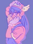  1girl bangs baseball_cap dr._slump glasses gloves hand_on_own_cheek hand_on_own_head hat limited_palette long_hair looking_at_viewer open_mouth pink_headwear pink_shirt print_hat purple_background purple_hair purple_overalls purple_theme shirt short_sleeves solo upper_body uzuta violet_eyes white_gloves 