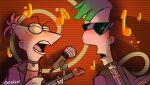  alternate_costume artist_request deviantart electric_guitar ferb_fletcher green_hair guitar instrument microphone music musical_note phineas_and_ferb phineas_flynn redhead singing 