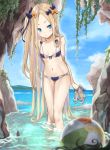  1girl abigail_williams_(fate/grand_order) ball beachball bikini black_hair blonde_hair blue_bikini blue_bow blue_sky blurry blurry_foreground blush bow breasts brown_footwear clouds collarbone commentary_request day depth_of_field fate/grand_order fate_(series) hair_bow high_heels holding horizon leaning_forward long_hair navel ocean one_side_up orange_bow outdoors parted_lips pixiv_fate/grand_order_contest_2 purple_bow sandals sandals_removed signature sky small_breasts solo_focus standing swimsuit tyone very_long_hair wading water 