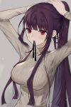  1girl arms_up bangs blunt_bangs breasts eyebrows_visible_through_hair girls_frontline gradient gradient_background highres impossible_clothes impossible_sweater large_breasts long_hair long_sleeves looking_at_viewer minncn mouth_hold ponytail purple_hair red_eyes ribbed_sweater ribbon ribbon_in_mouth sidelocks simple_background solo sweater turtleneck turtleneck_sweater tying_hair upper_body wa2000_(girls_frontline) 