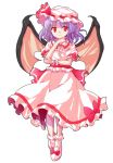  1girl alphes_(style) bat_wings closed_mouth commentary_request dairi dress eyebrows_visible_through_hair frilled_dress frills hand_on_own_chin hand_on_own_elbow hat medium_hair mob_cap parody pink_dress pink_footwear puffy_short_sleeves puffy_sleeves purple_hair red_eyes remilia_scarlet revision ribbon-trimmed_sleeves ribbon_trim short_sleeves smile solo style_parody tachi-e touhou transparent_background wings wrist_cuffs 