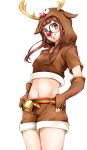  1girl antlers bell belt black-framed_eyewear brown_eyes brown_gloves brown_hair brown_hoodie brown_shorts cowboy_shot crop_top elbow_gloves fake_antlers fingerless_gloves floating_hair glasses gloves grin hands_on_hips highres imo_(evekelu-111) long_hair looking_at_viewer midriff navel persona persona_5 reindeer_antlers sakura_futaba shiny shiny_hair short_shorts short_sleeves shorts simple_background smile solo standing stomach white_background 