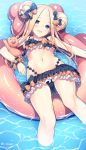  1girl abigail_williams_(fate/grand_order) ass_visible_through_thighs bangs bare_shoulders bikini black_bikini black_bow blonde_hair blue_eyes blush bow breasts double_bun emerald_float fate/grand_order fate_(series) forehead frilled_bikini frills hair_bow holding holding_stuffed_animal innertube long_hair looking_at_viewer lying navel nozomi_tsubame on_back open_mouth orange_bow parted_bangs polka_dot polka_dot_bow small_breasts smile solo stuffed_animal stuffed_toy swimsuit teddy_bear thighs water 