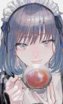  1girl bad_id blue_eyes blue_hair cup eyebrows_visible_through_hair highres maid maid_headdress original sinomi smile solo tea teacup 