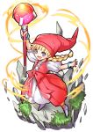  1girl :d arm_up bangs blonde_hair bow bracelet braid cross-laced_clothes dragon_quest dragon_quest_xi dress eyebrows_visible_through_hair full_body grass hat highres holding holding_staff jewelry legs_apart long_hair looking_at_viewer magic no_nose open_mouth puffy_short_sleeves puffy_sleeves red_bow red_headwear short_sleeves smile solo staff veronica_(dq11) violet_eyes white_background white_dress yuduki_(tt-yuduki) 