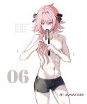  1boy artist_name astolfo_(fate) bishounen black_bow black_ribbon bow boxers braid braiding_hair buttoning chest copyright_name facing_viewer fang fate/apocrypha fate_(series) hair_intakes hair_ribbon hairdressing leopardtiger long_braid long_hair male_focus messy_hair motion_lines multicolored_hair musical_note no_pants numbered pink_hair ribbon shirtless simple_background single_braid skin_fang solo streaked_hair toned toned_male underwear underwear_only violet_eyes white_background 
