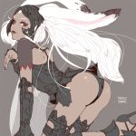  1girl all_fours animal_ears ass black_panties brown_background closed_mouth dark_skin ears_through_headwear final_fantasy final_fantasy_xii fran helmet high_heels lili_mdoki lips looking_at_viewer panties rabbit_ears red_eyes see-through signature solo thigh-highs underwear viera white_hair 