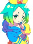  1girl aqua_hair clothes_writing colored_eyelashes commentary_request copyright_request fingernails forehead fuyu_rin gradient_hair green_eyes hand_up hood hood_down light_green_hair long_sleeves looking_at_viewer multicolored multicolored_eyes multicolored_hair one_eye_closed short_eyebrows short_hair solo third-party_source upper_body w 