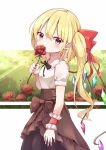  1girl absurdres alternate_costume arm_at_side arm_up black_neckwear blonde_hair blouse bow breasts brown_skirt clouds covering_mouth cowboy_shot crystal eyebrows_visible_through_hair flandre_scarlet flower from_side hair_between_eyes hair_bow head_tilt highres iyo_(ya_na_kanji) layered_skirt light_rays neck_ribbon no_hat no_headwear pointy_ears puffy_short_sleeves puffy_sleeves red_eyes red_flower red_rose ribbon rose short_hair short_sleeves side_ponytail skirt small_breasts solo standing sunbeam sunlight touhou white_blouse wings wrist_cuffs yellow_sky 
