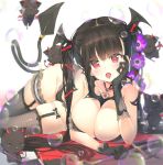  1girl 6+others bangs black_gloves black_hair black_panties blunt_bangs blurry blush breasts bubble cat cleavage demon_tail depth_of_field eyebrows_visible_through_hair fishnet_legwear fishnets flower frilled_panties frills garter_straps gloves hair_flower hair_ornament head_wings highleg highleg_panties large_breasts leg_garter long_hair looking_at_viewer lying multiple_others on_side open_mouth original panties peragura red_eyes revealing_clothes tail thigh-highs tongue tongue_out twintails underwear 