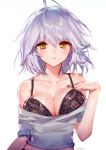  1girl ahoge ainy77 artist_name black_bra blush bra breasts cleavage eyebrows_visible_through_hair fate/grand_order fate_(series) hair_between_eyes hand_on_own_chest highres jeanne_d&#039;arc_(alter)_(fate) jeanne_d&#039;arc_(fate)_(all) lace lace_bra large_breasts lips looking_at_viewer medium_hair nail_polish off-shoulder_shirt off_shoulder shirt silver_hair simple_background solo underwear yellow_eyes 