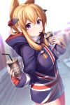  1girl akanagi_youto alternate_costume azur_lane bangs blonde_hair blue_hoodie blurry blurry_background casual commentary contemporary cowboy_shot cup disposable_cup drinking drinking_straw dutch_angle eyebrows_visible_through_hair flag_print hair_between_eyes hair_ornament highres holding holding_cup hood hoodie long_hair long_sleeves pantyhose pink_legwear pointy_hair print_hoodie sidelocks solo standing union_jack violet_eyes warspite_(azur_lane) wide_sleeves 