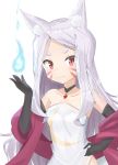  1girl animal_ear_fluff animal_ears bare_shoulders black_choker black_gloves blue_fire blush choker closed_mouth commentary_request derivative_work dress elbow_gloves facial_mark fire fox_ears gloves hand_on_hip highres long_hair looking_at_viewer red_eyes sewayaki_kitsune_no_senko-san shawl shiro_(sewayaki_kitsune_no_senko-san) short_eyebrows silver_hair simple_background smile solo strapless thick_eyebrows upper_body very_long_hair white_background white_dress yutsuki_warabi 