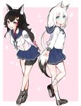  :3 :d animal_ears aqua_eyes black_hair braid fox_ears fox_tail hololive long_hair long_sleeves miniskirt noyama_(noyama8888) ookami_mio open_mouth orange_eyes pleated_skirt school_uniform serafuku shirakami_fubuki shirt side_braid single_braid skirt smile tail tail_wrap virtual_youtuber white_hair white_shirt wolf_ears wolf_tail 