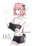  1boy artist_name astolfo_(fate) bishounen black_bow black_ribbon black_shirt bow boxers braid buttoning chest copyright_name fang fate/apocrypha fate_(series) from_side hair_intakes hair_ribbon leopardtiger long_braid long_hair male_focus motion_lines multicolored_hair musical_note no_pants numbered pink_hair ribbon shirt shirtless simple_background single_braid skin_fang solo streaked_hair toned toned_male underwear underwear_only violet_eyes white_background 