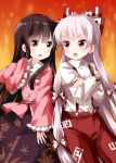  2girls :d bamboo_print bangs black_hair blush bow bowtie brown_eyes commentary_request cowboy_shot crossed_arms eyebrows_visible_through_hair frilled_sleeves frills fujiwara_no_mokou gradient gradient_background hair_bow hand_up highres houraisan_kaguya juliet_sleeves long_hair long_sleeves looking_at_another multiple_girls ofuda open_mouth orange_background pants pink_shirt puffy_sleeves purple_skirt red_eyes red_pants ruu_(tksymkw) sash shirt sidelocks silver_hair skirt smile standing touhou v-shaped_eyebrows very_long_hair white_bow white_neckwear white_sash white_shirt wide_sleeves wing_collar 