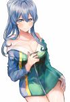  1girl bare_shoulders blue_dress blue_eyes blue_hair breasts cleavage collarbone commentary_request cowboy_shot dress gotland_(kantai_collection) hand_on_hip highres kantai_collection large_breasts long_hair looking_at_viewer miyako_(00727aomiyako) mole mole_under_eye ponytail simple_background smile solo white_background 