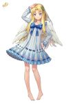  1girl absurdres angel_wings arm_up barefoot blonde_hair blue_eyes commentary_request dress feathered_wings firo_(tate_no_yuusha_no_nariagari) full_body hand_on_hip highres konishi_(565112307) long_hair salute simple_background smile solo tate_no_yuusha_no_nariagari white_background white_dress wings 