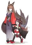  2girls akagi-chan_(azur_lane) amagi_(azur_lane) animal_ears azur_lane candy_apple closed_eyes food fox_ears fox_girl fox_tail hand_holding highres japanese_clothes kimono kyuubi multiple_girls multiple_tails parent_and_child rudder_footwear sketch tail thigh-highs zrz_zzz 