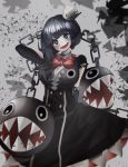  black_dress black_gloves black_hair bob_cut bow breasts chain_chomp chains choker cleavage dot_nose dress elbow_gloves gloves large_breasts super_mario_bros. mohuku94 nintendo personification princess_chain_chomp red_bow sharp_teeth shatter sleeveless sleeveless_dress smile super_crown teeth torn_clothes 