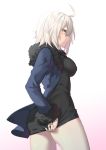  1girl ahoge ass bangs black_dress blue_jacket blush breasts cowboy_shot dress dress_tug eyebrows_visible_through_hair fate/apocrypha fate/grand_order fate_(series) fur-trimmed_jacket fur_trim highres itohana jacket jeanne_d&#039;arc_(alter)_(fate) jeanne_d&#039;arc_(fate)_(all) large_breasts looking_at_viewer medium_breasts open_clothes open_jacket short_dress short_hair silver_hair solo sweatdrop yellow_eyes 