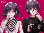  2boys artist_name black_hair black_jacket chocolate commentary_request dangan_ronpa dated food hair_between_eyes holding holding_chocolate jacket male_focus medium_hair multiple_boys new_dangan_ronpa_v3 one_eye_closed ouma_kokichi pink_background plaid plaid_scarf saihara_shuuichi scarf short_hair simple_background striped_jacket violet_eyes white_chocolate white_jacket yellow_eyes z-epto_(chat-noir86) 