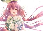  1girl blush bouquet closed_eyes flower granblue_fantasy leaf low_twintails mizuno_(suisuiw) petals pink_hair smile twintails white_background yggdrasil_(granblue_fantasy) 